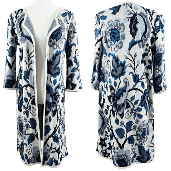 Peruvian Connection 100% Pima Cotton Blue Floral Longline Cardigan Duster Boho - Picture 1 of 8